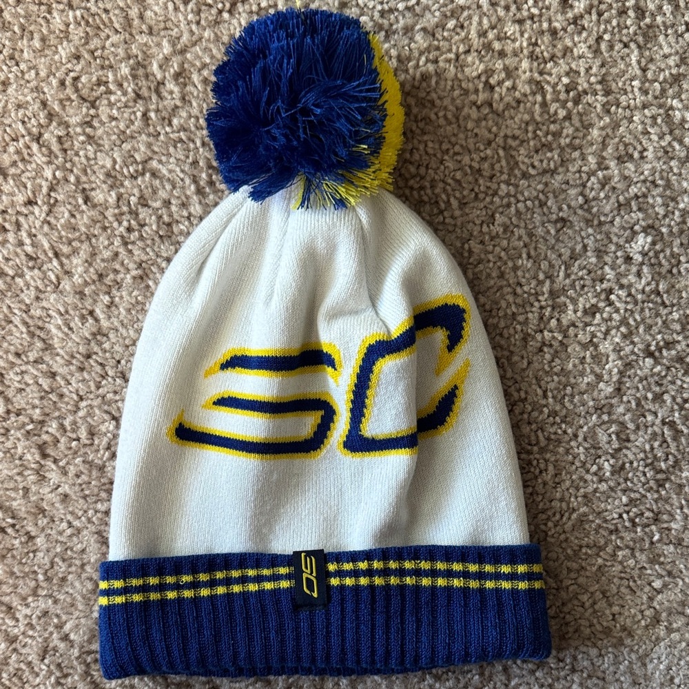 Kids Knit Pom Beanie - White with Blue & Yellow Accents